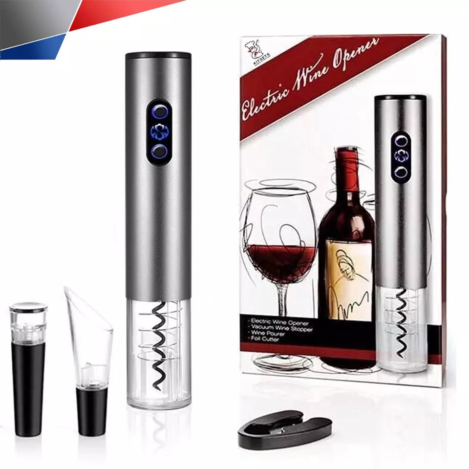 Автоматический бытовой портативный беспроводной электрический штопор для вина SUNWAY на батарейках с аэратором, пробкой, ножом для фольги и подарочной упаковкой серый (5657)