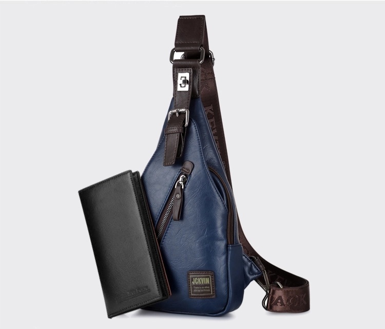 Мужская сумка-слинг кожаная JCKVIN синяя (ML01)