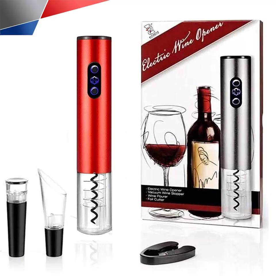 Автоматический бытовой портативный беспроводной электрический штопор для вина SUNWAY на батарейках с аэратором, пробкой, ножом для фольги и подарочной упаковкой красный (5658)