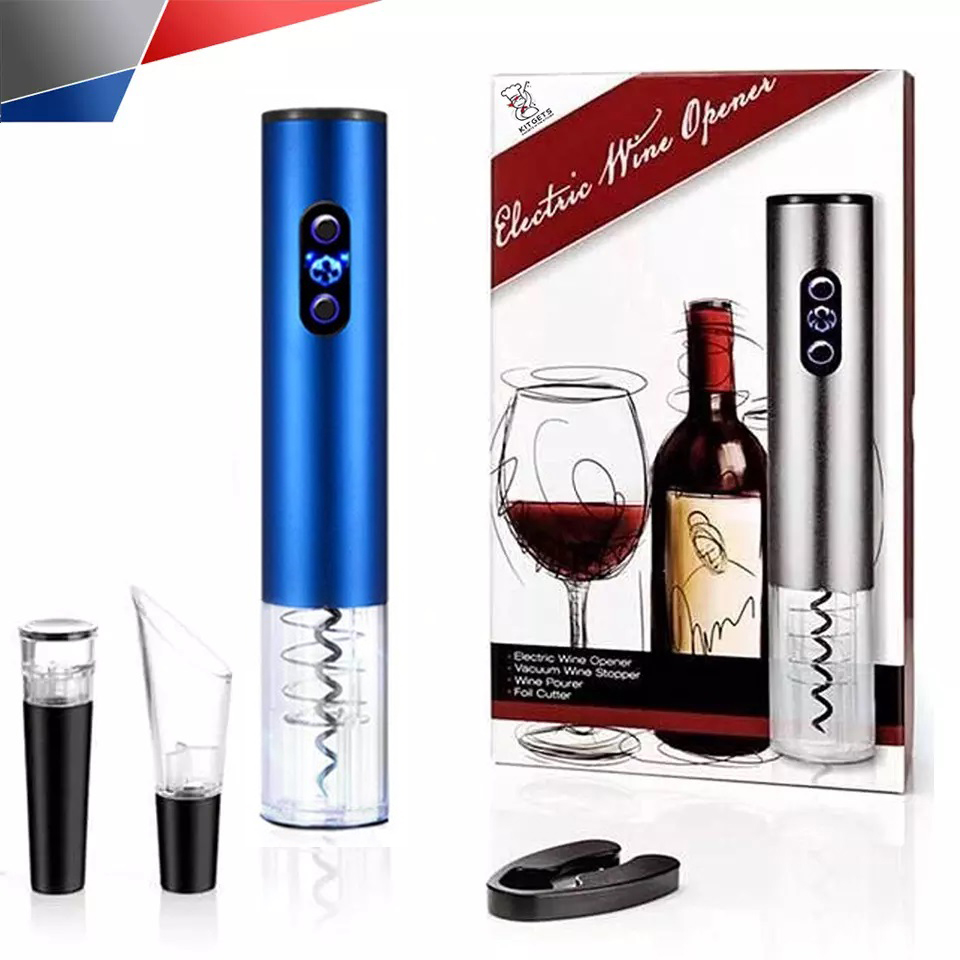 Автоматический бытовой портативный беспроводной электрический штопор для вина SUNWAY на батарейках с аэратором, пробкой, ножом для фольги и подарочной упаковкой синий (5659)