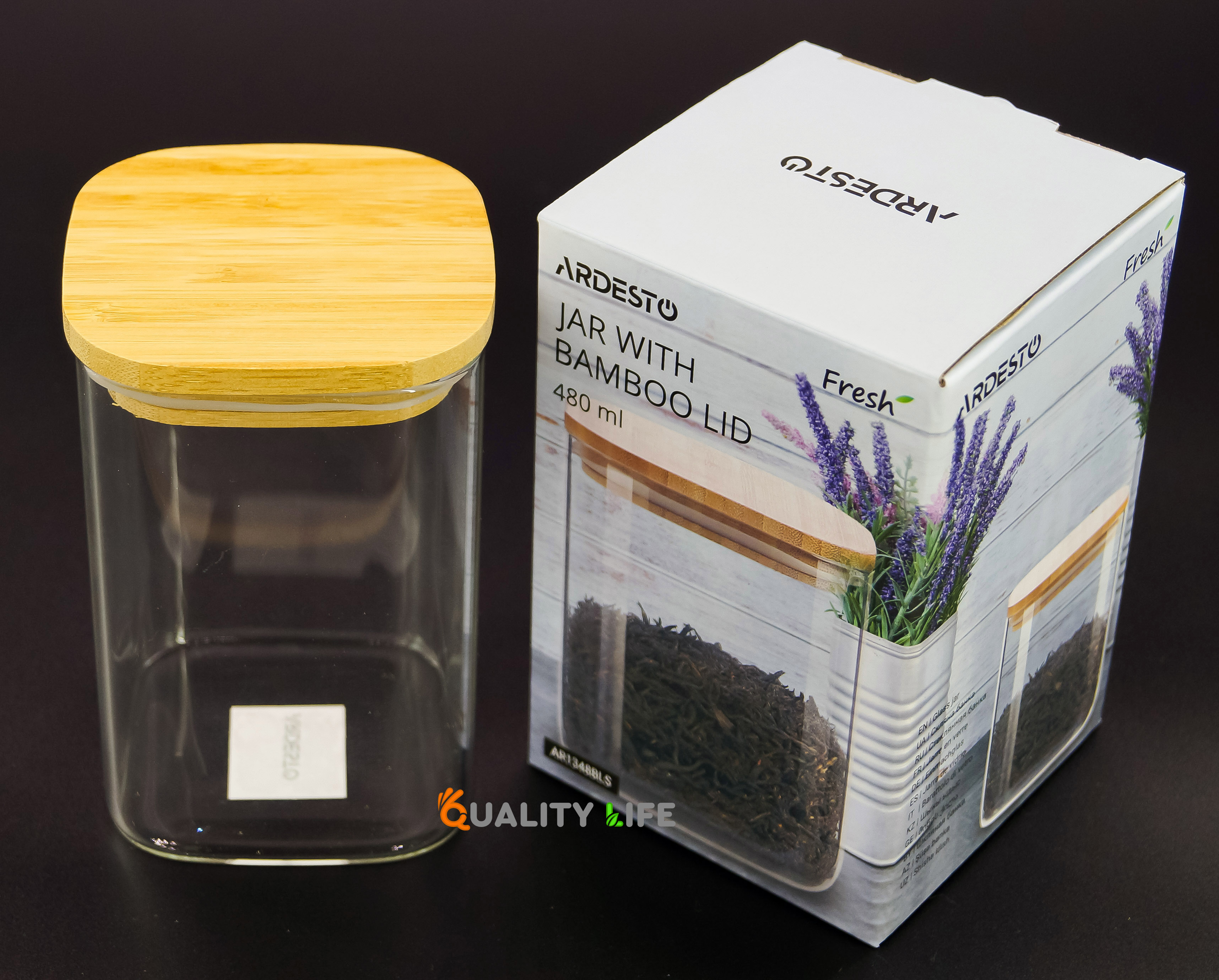 Банка-контейнер с бамбуковой крышкой квадратная для сыпучих продуктов Ardesto Fresh 480 мл  (AR1348BLS)
