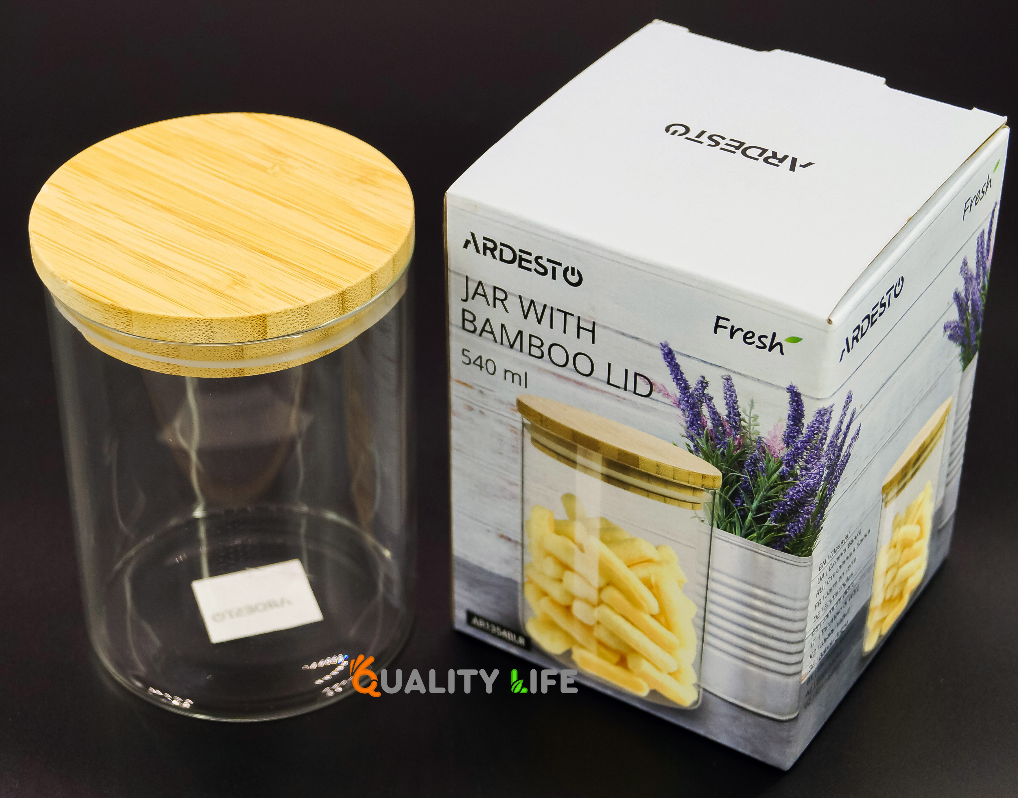 Банка-контейнер с бамбуковой крышкой круглая для сыпучих продуктов Ardesto Fresh 540 мл  (AR1354BLR)