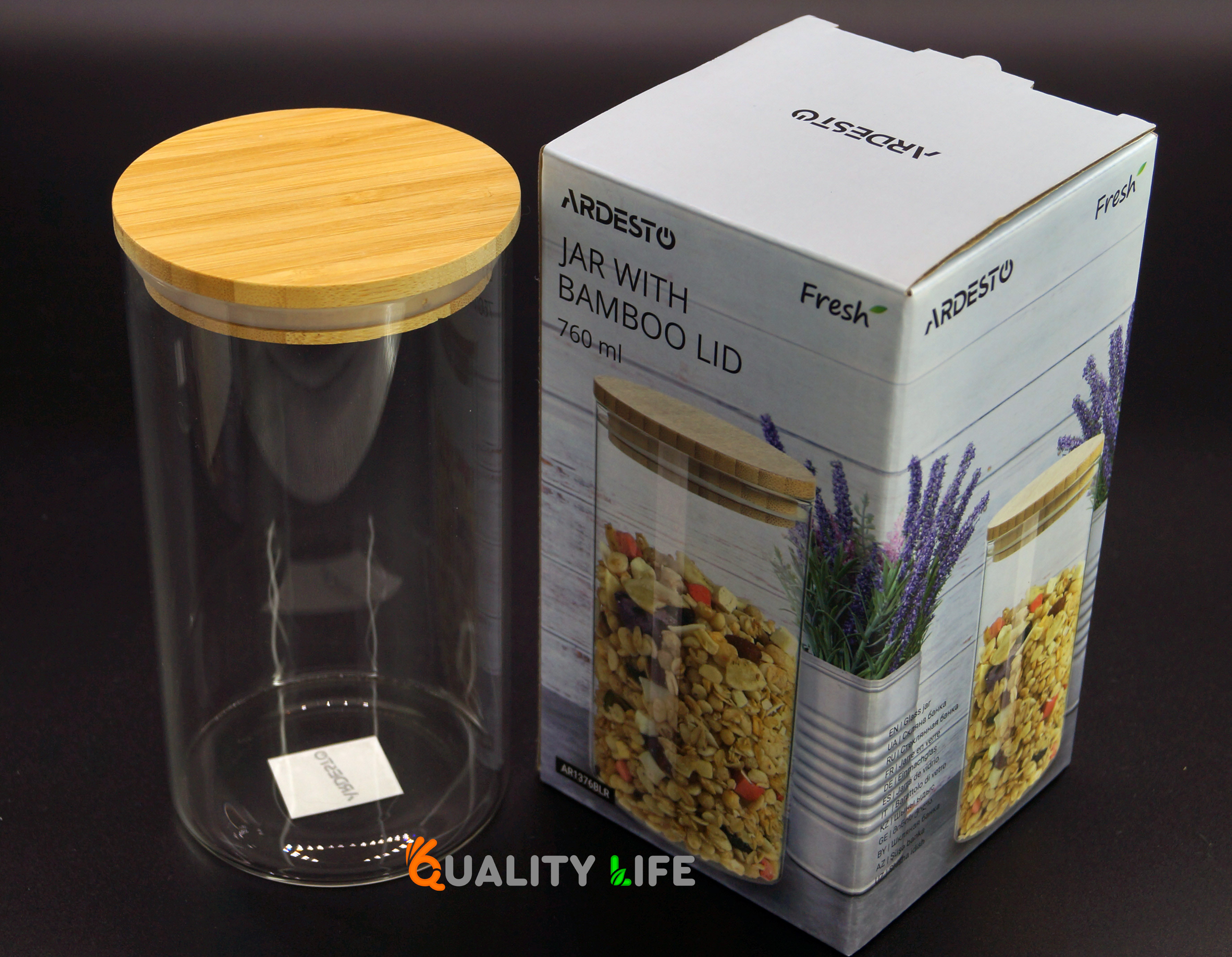 Банка-контейнер с бамбуковой крышкой круглая для сыпучих продуктов Ardesto Fresh 760 мл  (AR1376BLR)