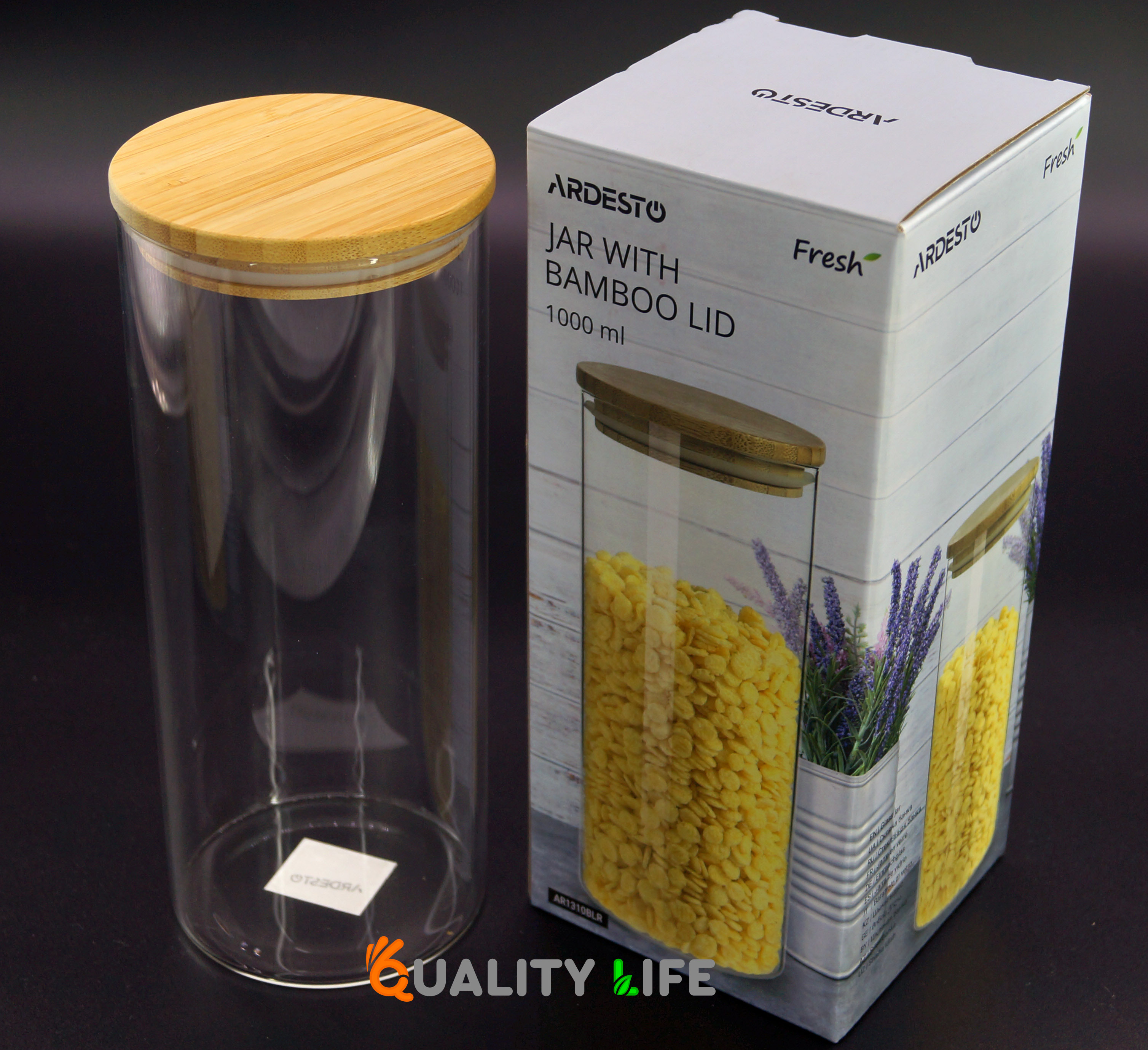 Банка-контейнер с бамбуковой крышкой круглая для сыпучих продуктов Ardesto Fresh 1000 мл  (AR1310BLR)
