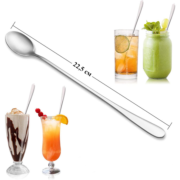 Набор длинных ложек десертных 4 шт для коктейля, мороженного, смузи, льда 22,5см (ML068)