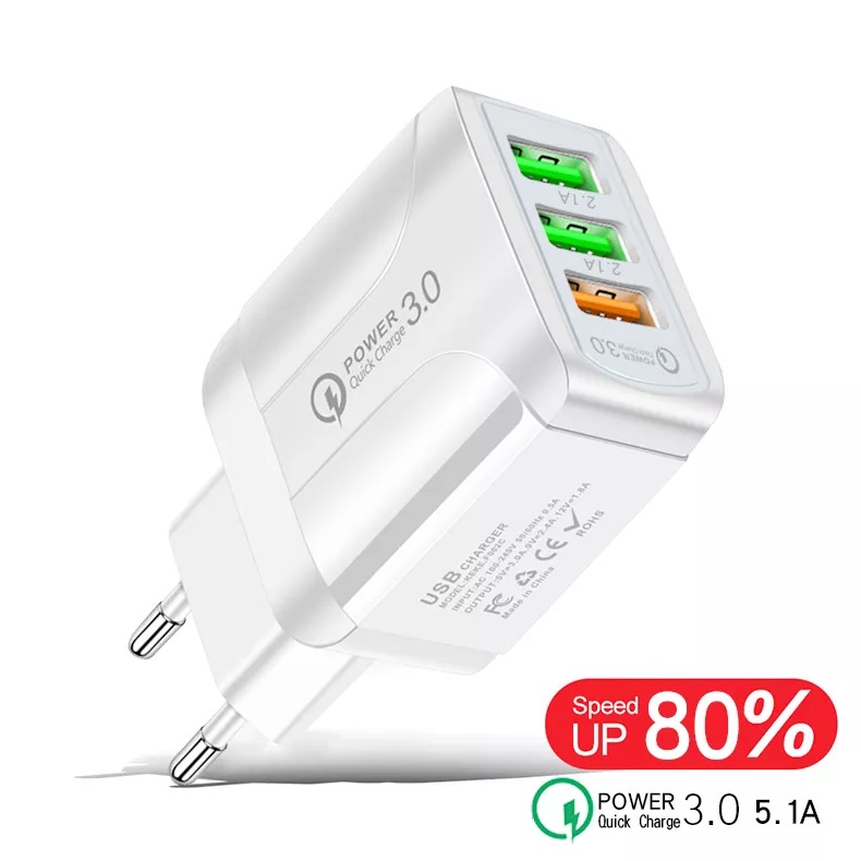 Сетевое Зарядное Устройство - Блок Питания QC 3.0 на 3-USB Порта для зарядки телефона, смартфона, планшета белый  (ML080)