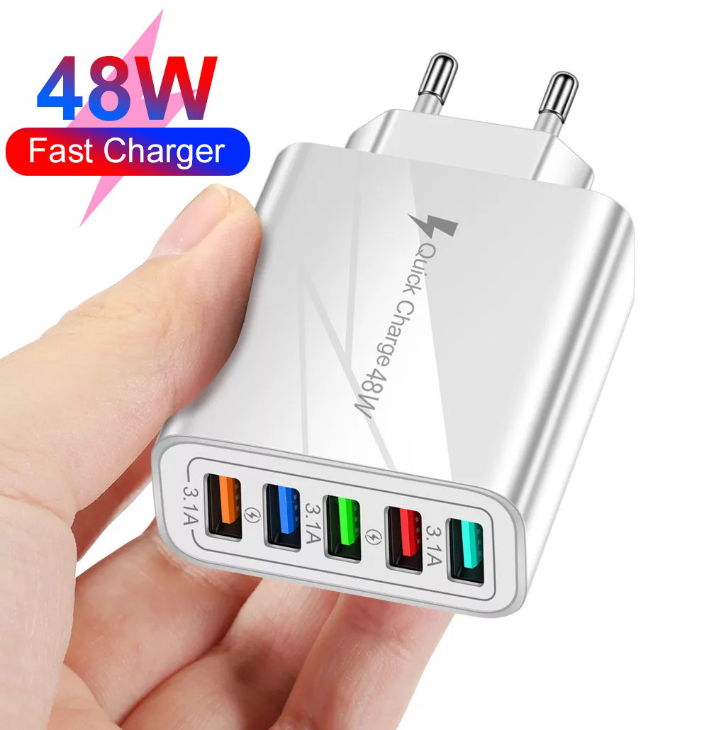 Сетевое Зарядное Устройство - Блок Питания 48W QC 3.0 на 5-USB Порта для зарядки телефона, смартфона, планшета белый (ML082)