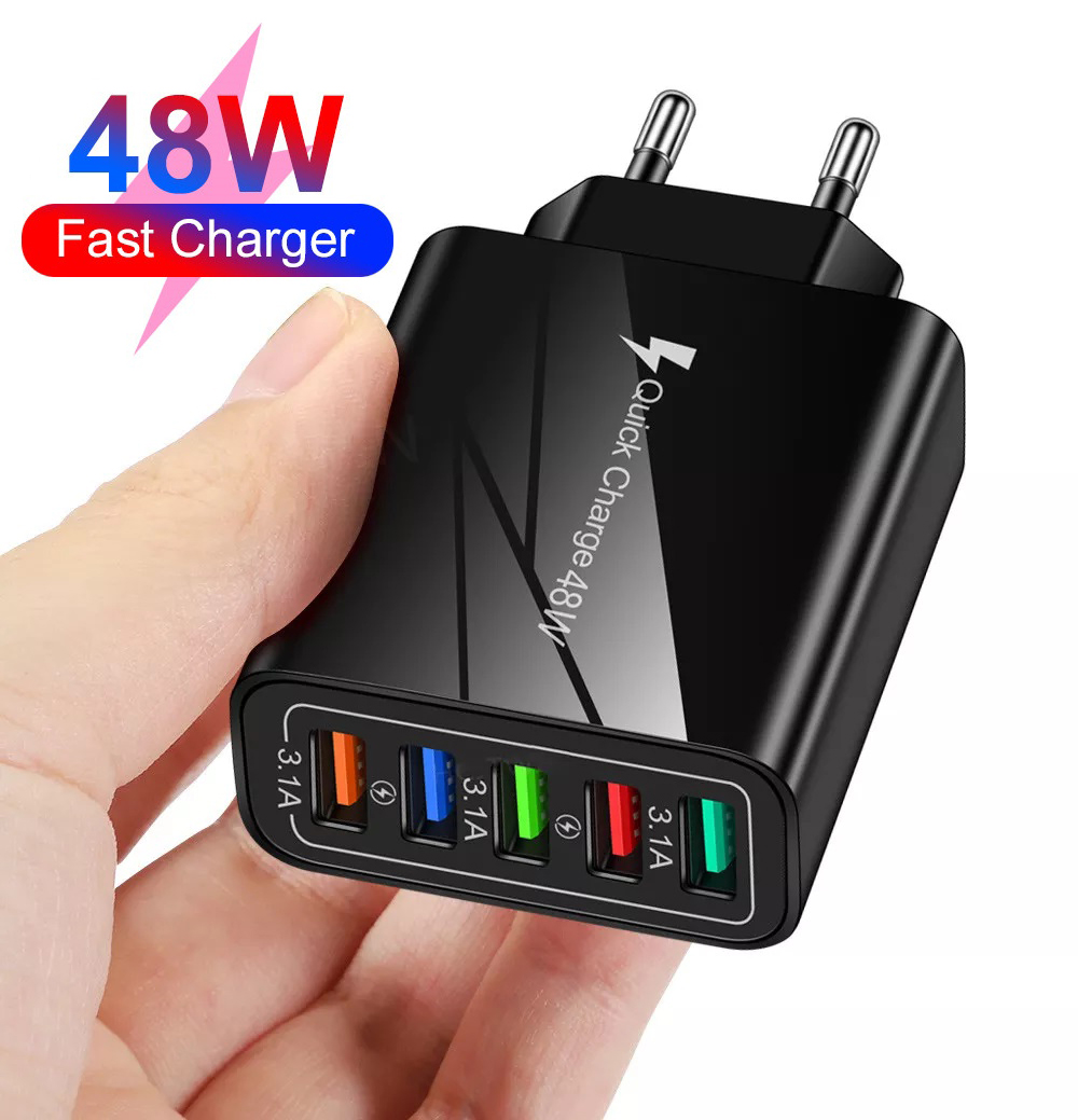 Сетевое Зарядное Устройство - Блок Питания QC 3.0 на 5-USB Порта для зарядки телефона, смартфона, планшета черный (ML083)