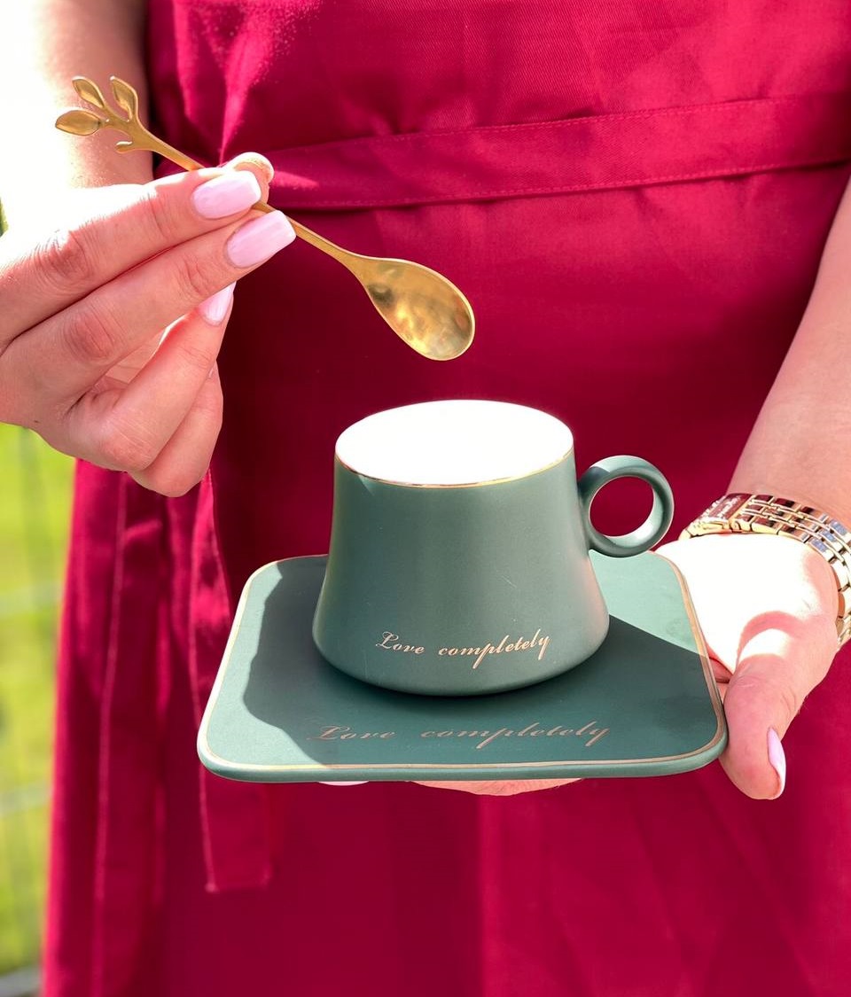 Набор чашка 150 мл, блюдце и ложка зеленая