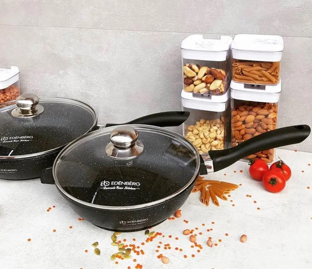 Глубокая сковорода 28 см 3,3 литра из литого алюминия с крышкой и антипригарным мраморным покрытием Edenberg (EB-3322)