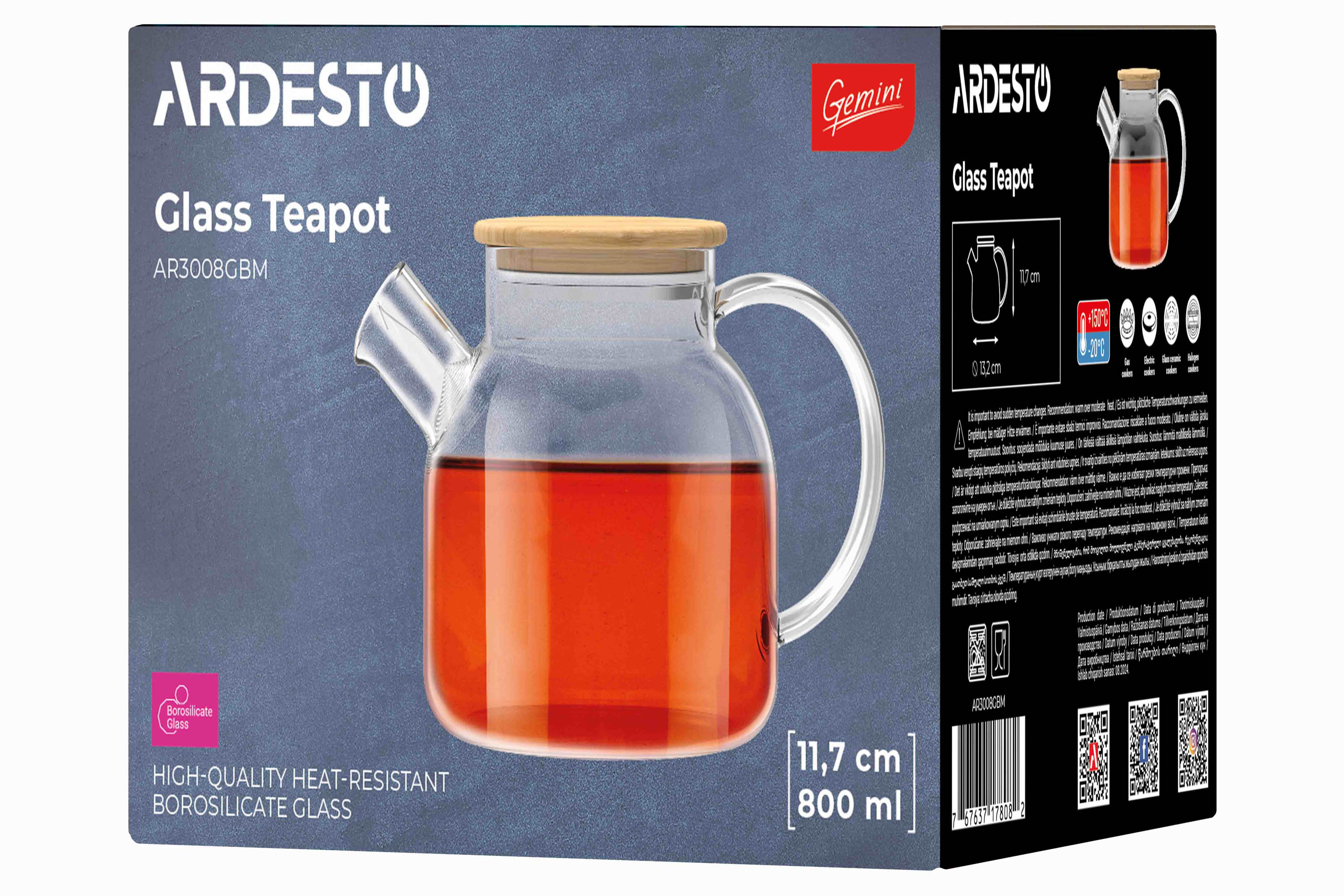 Стеклянный заварочный чайник для чая и кофе Ardesto с бамбуковой крышкой 800 мл (AR3008GBM)