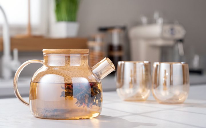 Стеклянный чайник (заварник) с бамбуковой крышкой 1л, склянки 2х250 мл Ardesto Golden Moon (AR3010GBG+AR2625GG)