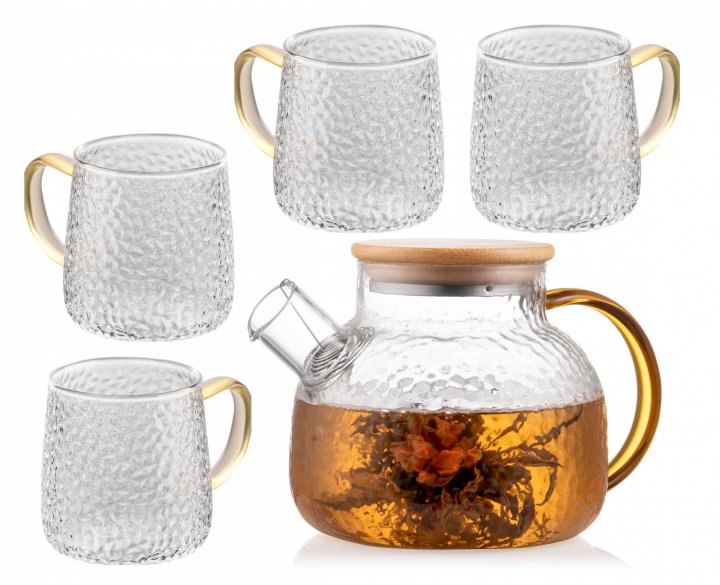 Стеклянный чайник (заварник) с бамбуковой крышкой 1л, склянки 4х350 мл Ardesto Dew (AR3010GH+AR2635C)