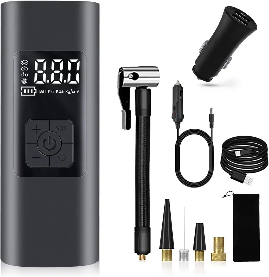 Автомобильный компрессор (насос) - портативный автокомпрессор с аккумулятором 6000 Mah и ЖК монитором 12 В