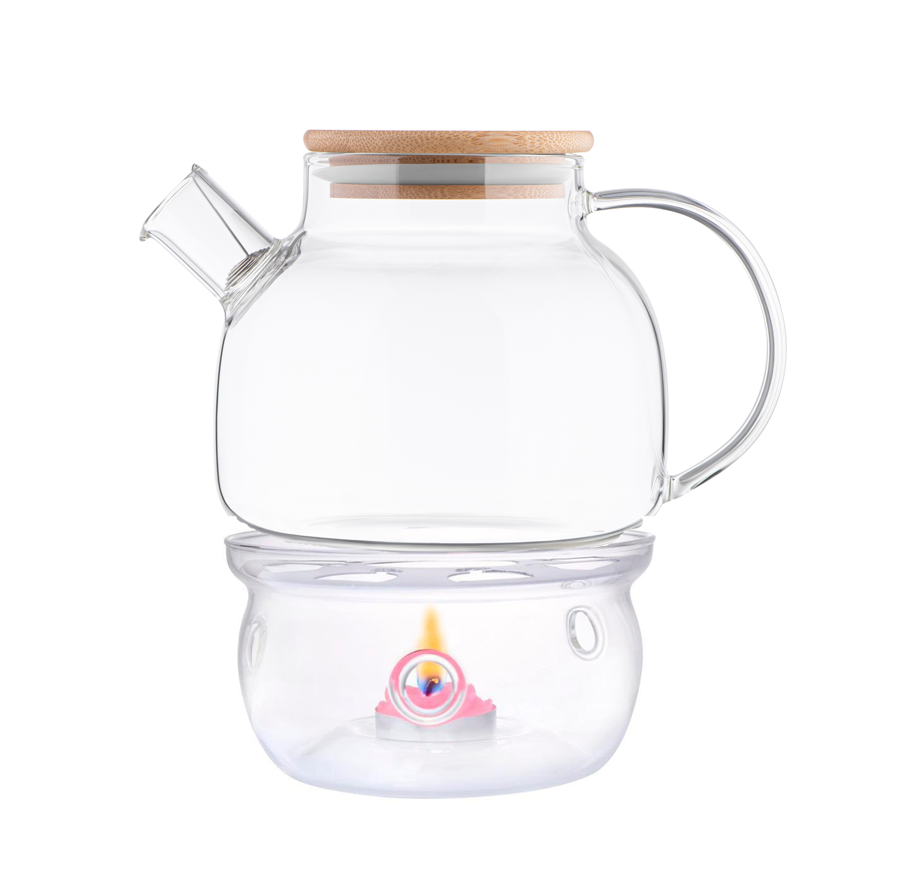 Стеклянный заварочный чайник (заварник) с бамбуковой крышкой 1 л с подставкой и свечкой