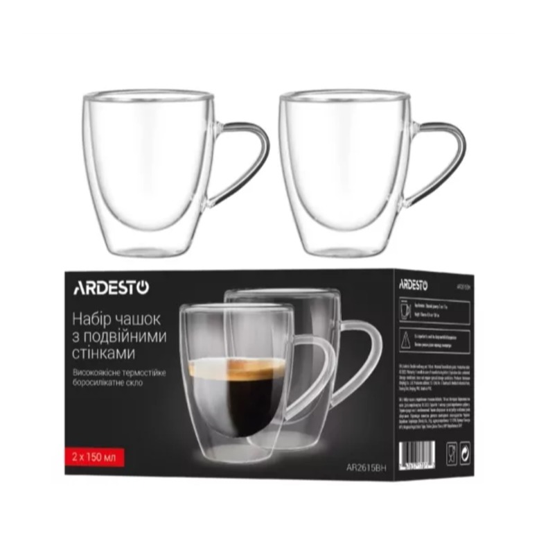 Набор чашек с ручками и двойными стенками Ardesto 150мл 2шт боросиликатное стекло прозрачный (AR2615BH)