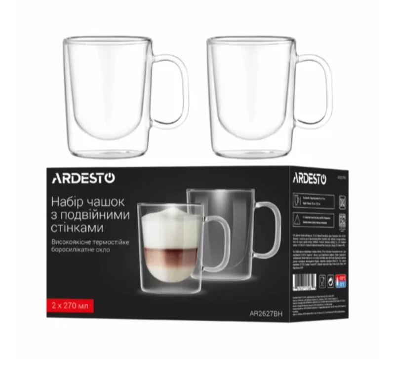 Набор чашек с ручками и двойными стенками ARDESTO 270 мл 2шт боросиликатное стекло прозрачный (AR2627BH)