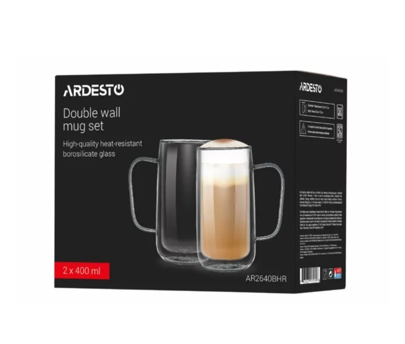 Набор стеклянных чашек с ручками ARDESTO с двойными стенками 400 мл (AR2640WH)