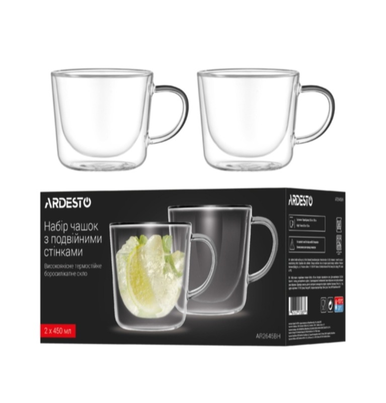 Набор чашек с ручками и двойными стенками ARDESTO 450 мл 2 штуки боросиликатное стекло прозрачный (AR2645BH)